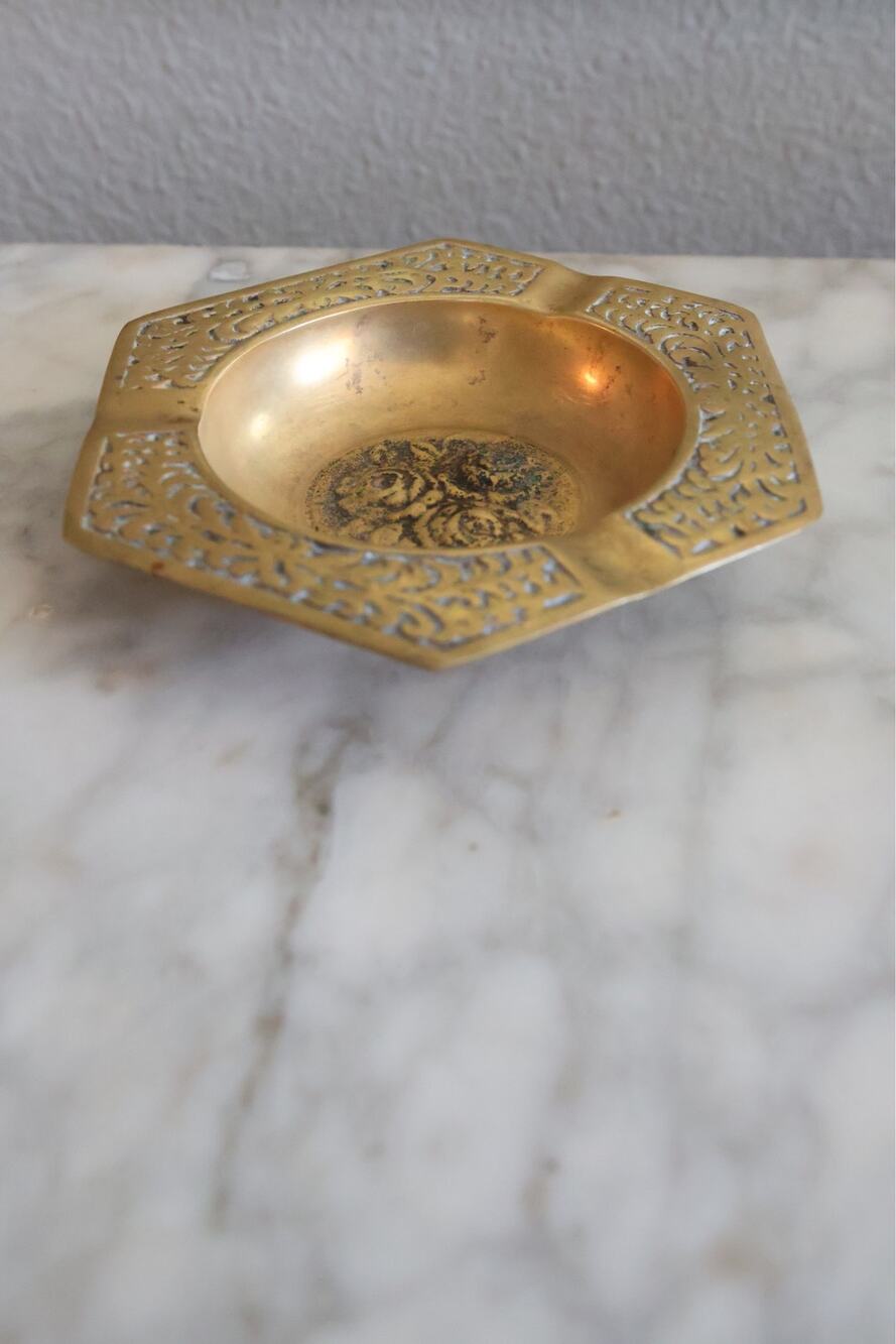 Vintage Brass Rose Ashtray Hexagonal Brass Trinket Dish Embossed Floral